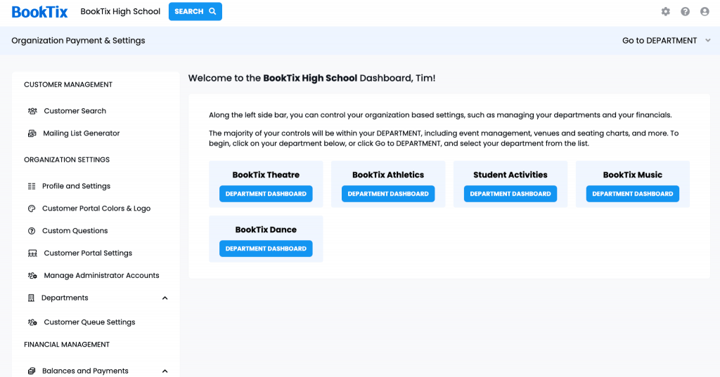 BookTix Department setup
